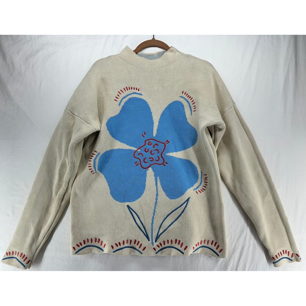 ASOS DESIGN Cream Blue Flower Intarsia Cotton Knit Sweater Small Oversized Mock - Picture 2 of 9